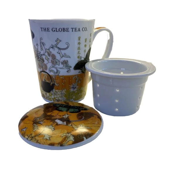 Globe Tea Co. Single Tea Cup Mug W/ Infuser & Lid 10 Oz Porcelain Paula Scaletta - Picture 2 of 11